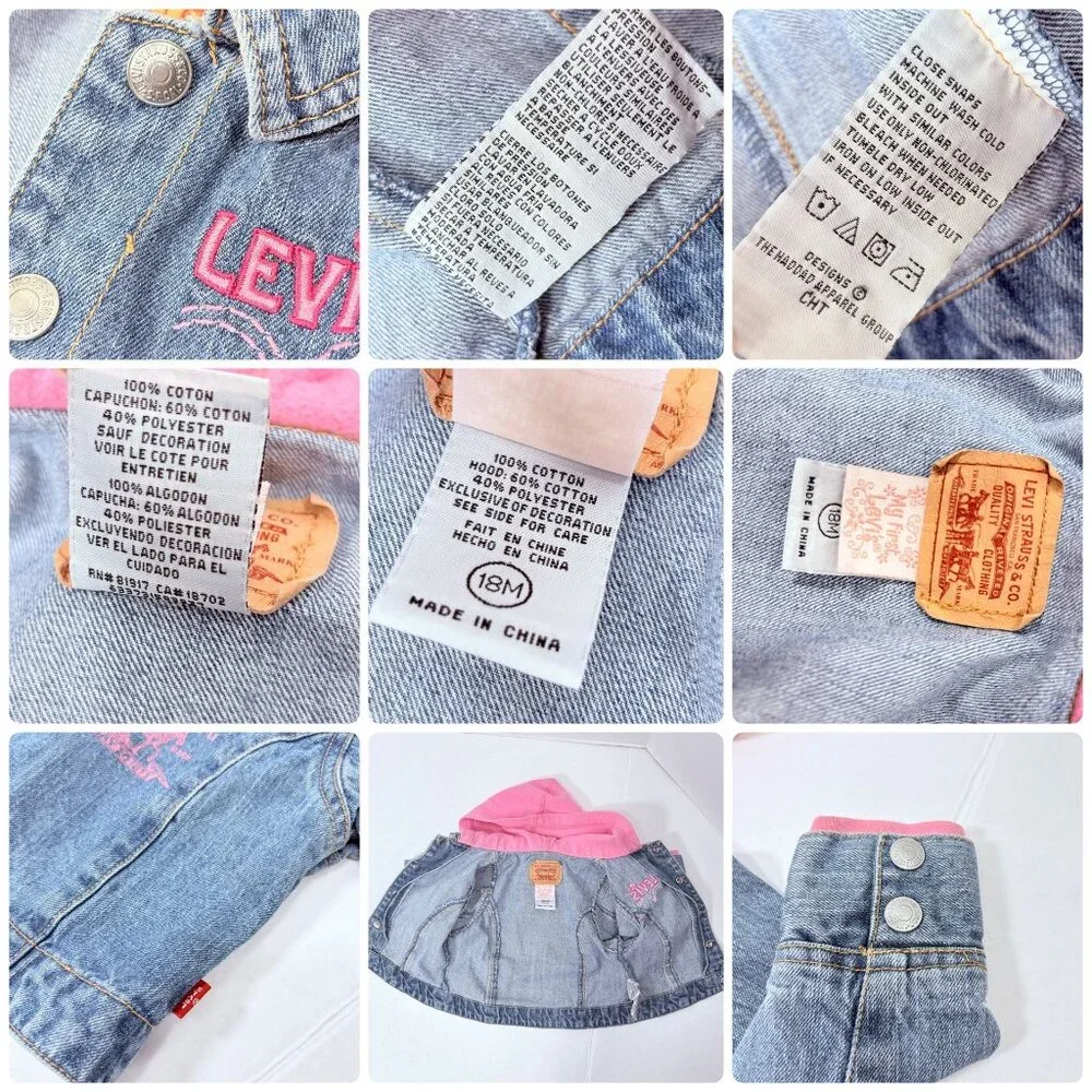 Vintage Levis Y2K Baby Girls Embroidered Pink Hoodie + Denim Jean Jacket 18m
